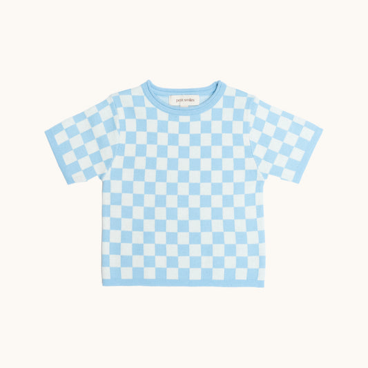 KNITTED CHECKERED ORGANIC TEE; 100% Organic Cotton; Made from GOTS-certified organic cotton; CHECKERED' Jacquard pattern; Rolled edge at the neck band; Rib finish at hem and cuffs; Dropped shoulder; Relaxed fit.