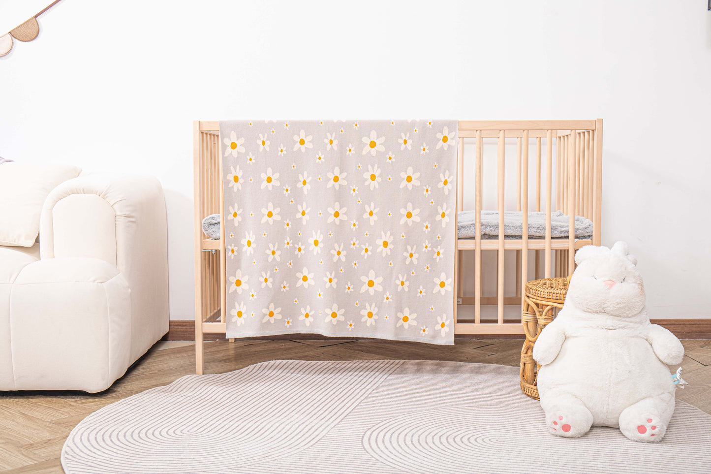 KNITTED FLORAL BABY BLANKET; 100% Organic Cotton; Jacquard Baby Blanket made from GOTS-certified organic cotton; 'FLORAL' Jacquard pattern; Rib finish at edges; 92cm x 72cm