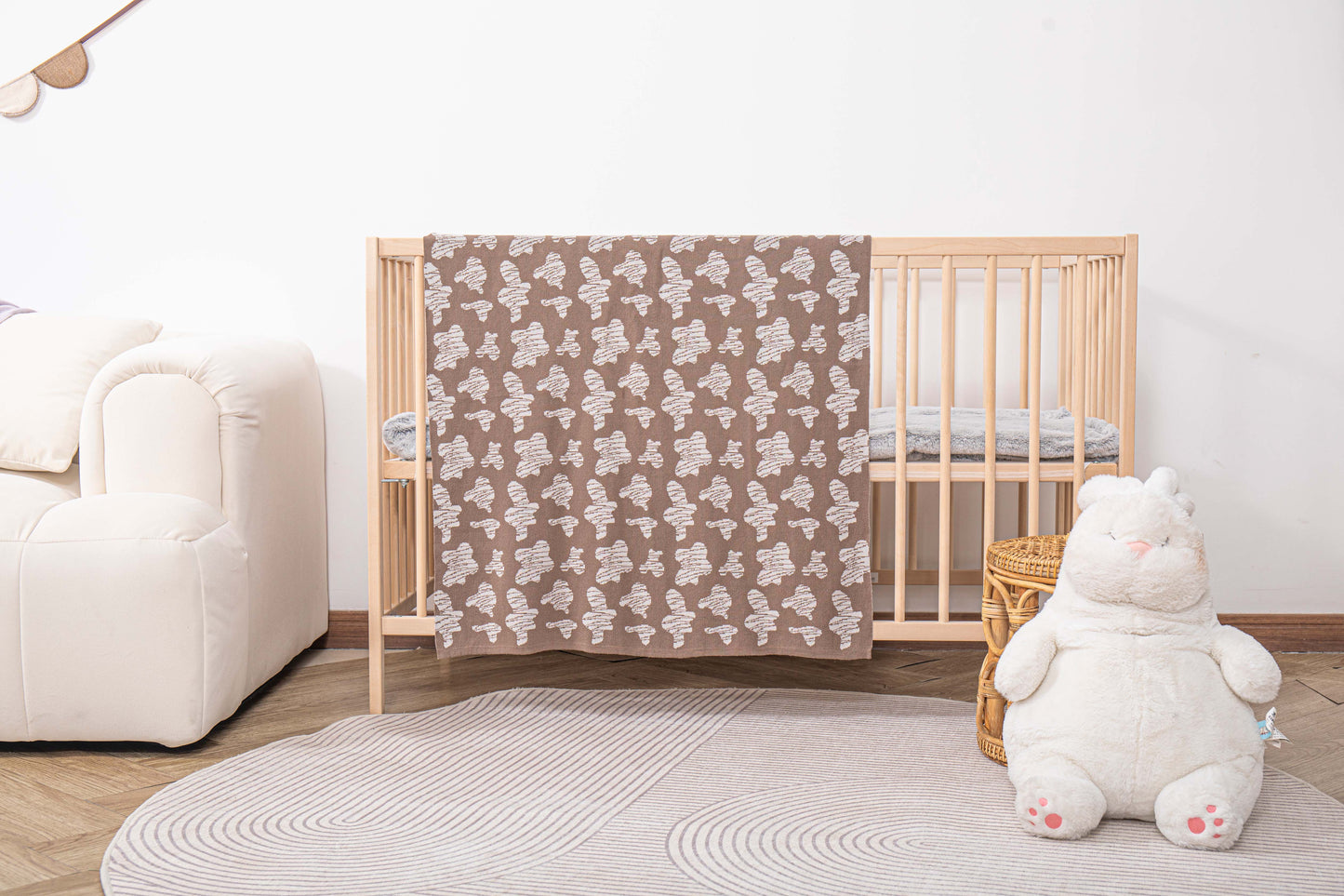 KNITTED SPOTS BABY BLANKET - CHOCO; 100% Organic Cotton; Jacquard Baby Blanket made from GOTS-certified organic cotton; 'CHOCO SPOTS' Jacquard pattern; Rib finish at edges; 92cm x 72cm