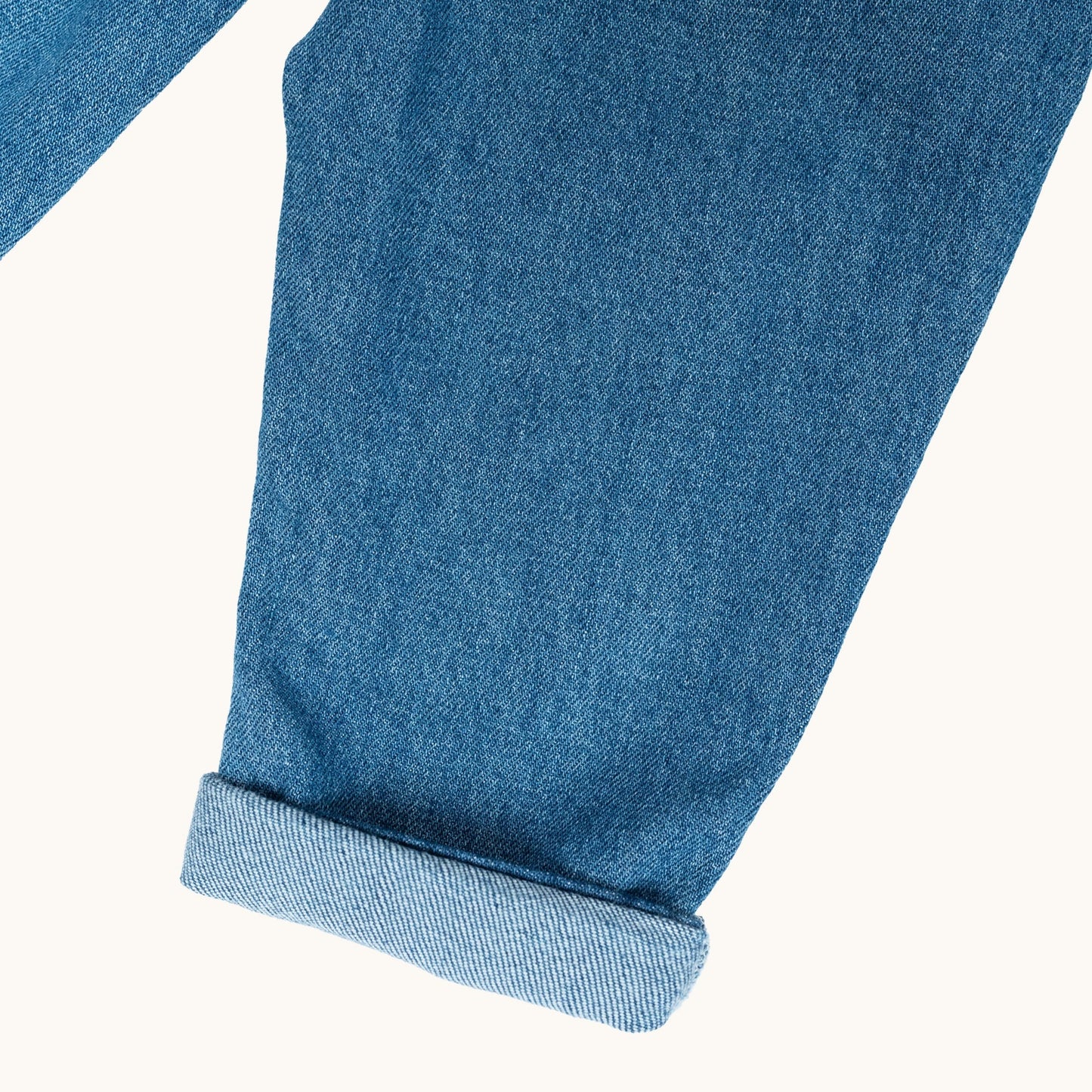 EVERYDAY DENIM JEANS; 100% Organic Cotton; Soft stretch denim with mock zip fly; Five-pocket style; Adjustable elasticated waist with belt loops; Folded cuffs allow for adjustable length of jeans.