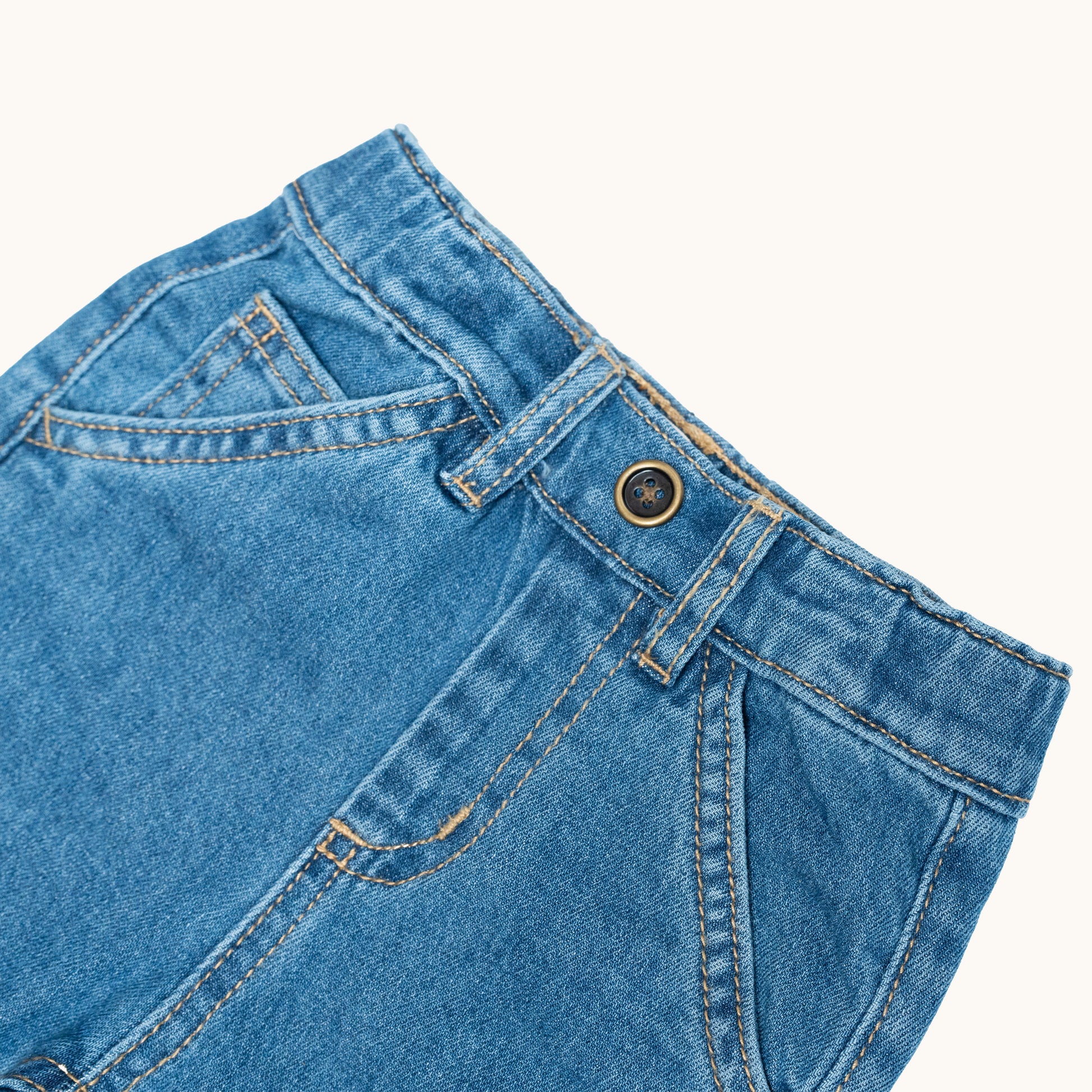 EVERYDAY DENIM JEANS; 100% Organic Cotton; Soft stretch denim with mock zip fly; Five-pocket style; Adjustable elasticated waist with belt loops; Folded cuffs allow for adjustable length of jeans.