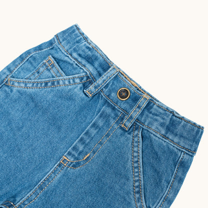 EVERYDAY DENIM JEANS; 100% Organic Cotton; Soft stretch denim with mock zip fly; Five-pocket style; Adjustable elasticated waist with belt loops; Folded cuffs allow for adjustable length of jeans.