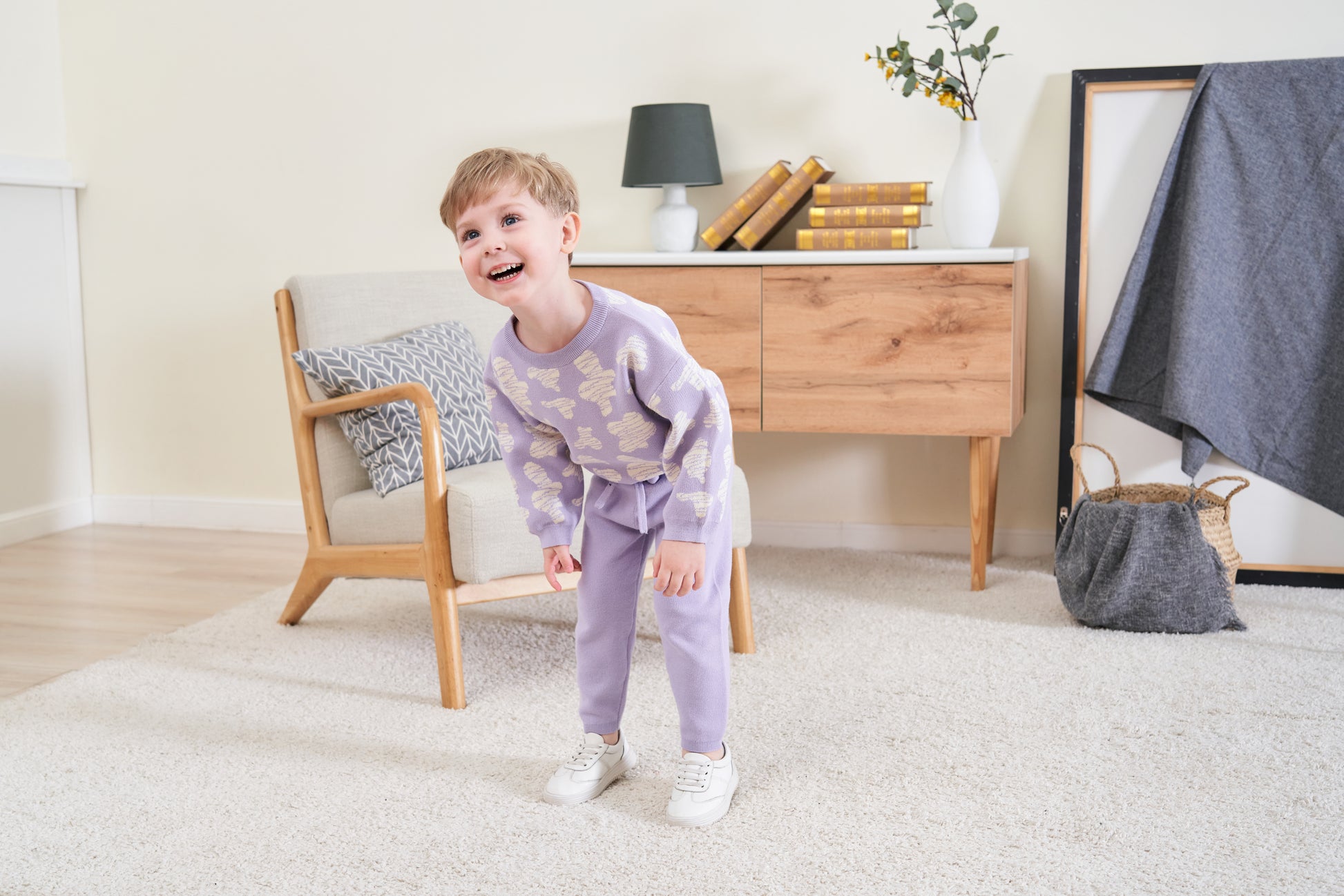 KNITTED SPOTS PULL OVER WITH PANT - TARO; 100% Organic Cotton; Jacquard Pull Over made from GOTS-certified organic cotton; 'Taro Spots' Jacquard pattern; Rib finish at neck, cuffs and hem; Dropped shoulder; Relaxed fit.
