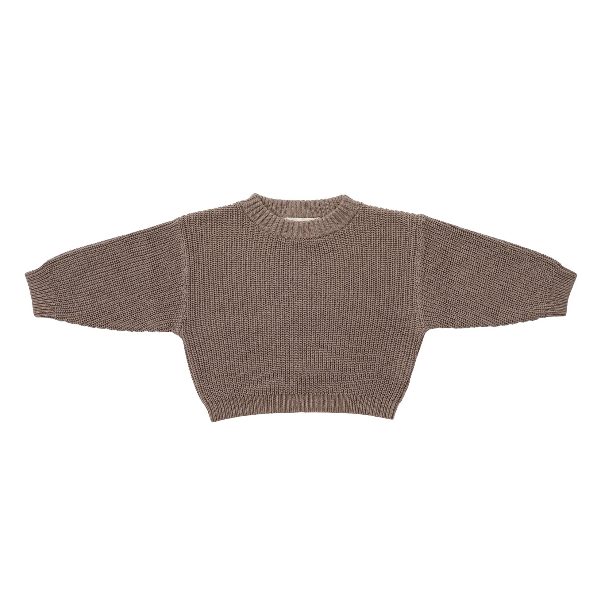 KNITTED CHOCO PULL OVER WITH BEIGE SINGLESUIT; 100% Organic Cotton; Pull Over made from GOTS-certified organic cotton; Rib finish at neck, cuffs and hem; Dropped shoulder; Relaxed fit.
