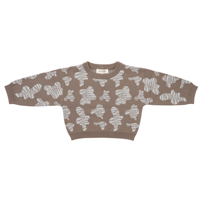 KNITTED SPOTS PULL OVER - CHOCO; 100% Organic Cotton; Jacquard Pull Over made from GOTS-certified organic cotton; 'Choco Spots' Jacquard pattern; Rib finish at neck, cuffs and hem; Dropped shoulder; Relaxed fit. 
