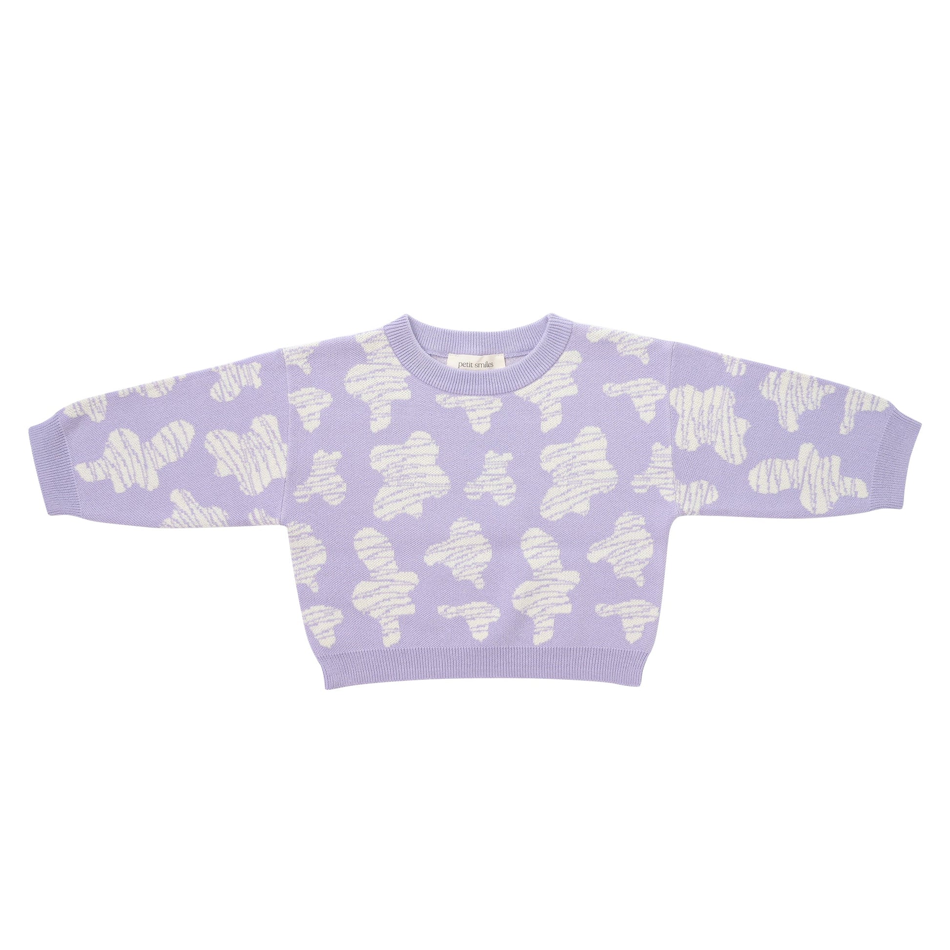 KNITTED SPOTS PULL OVER WITH PANT - TARO; 100% Organic Cotton; Jacquard Pull Over made from GOTS-certified organic cotton; 'Taro Spots' Jacquard pattern; Rib finish at neck, cuffs and hem; Dropped shoulder; Relaxed fit.