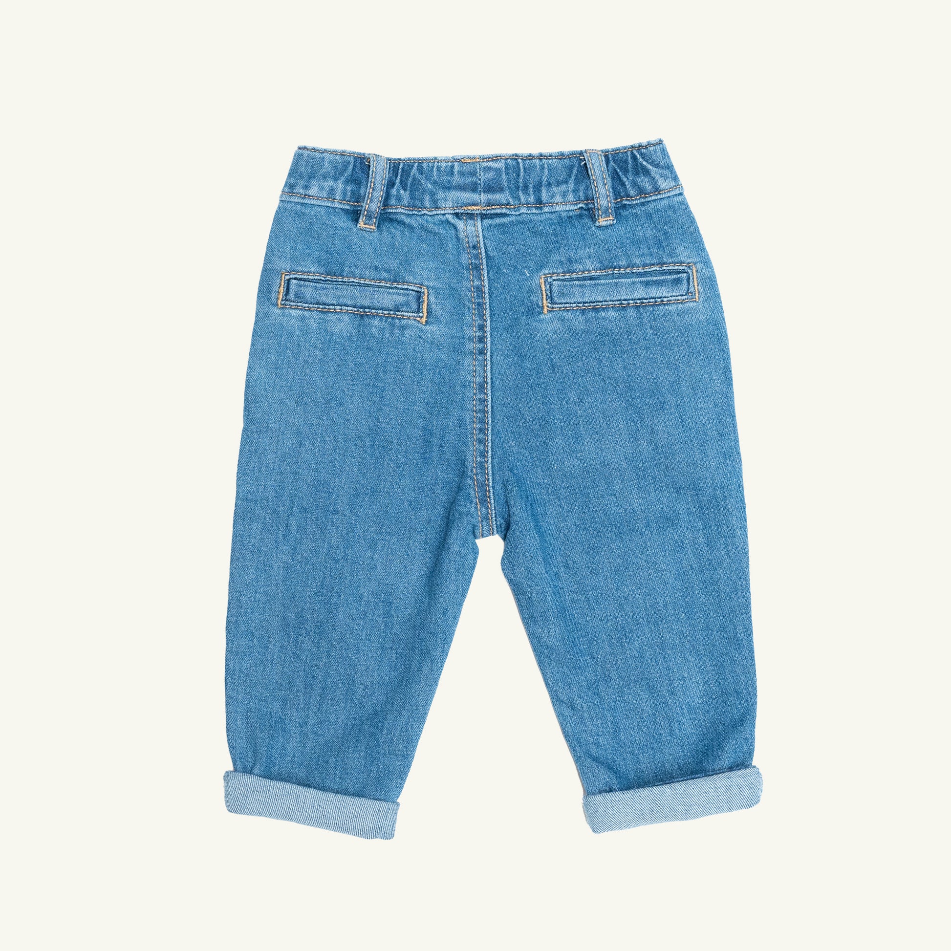 EVERYDAY DENIM JEANS; 100% Organic Cotton; Soft stretch denim with mock zip fly; Five-pocket style; Adjustable elasticated waist with belt loops; Folded cuffs allow for adjustable length of jeans.